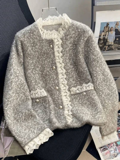 女士秋冬撞色蕾丝长袖单排扣针织开衫，适合通勤、春假、度假、演唱会、波西米亚风、音乐节