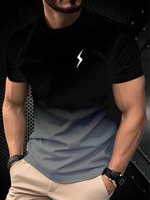 男士简约时尚休闲短袖 T 恤，采用渐变黑到灰设计和闪电图案 - 黑色 - 查看 1