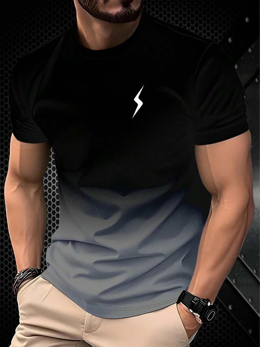 男士简约时尚休闲短袖 T 恤，采用渐变黑到灰设计和闪电图案 - 黑色 - 查看 1