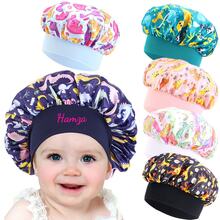 Customized Text Baby Satin Sleep Cap/Bath Cap, Cute Cartoon Dinosaur Print Children's Satin Sleep Cap, Hair Protection, Elastic Wide-Brim Round Cap, Soft & Stretchy, Suitable For Boys & Girls, Birthday & Daily Wear - One Size - View 5