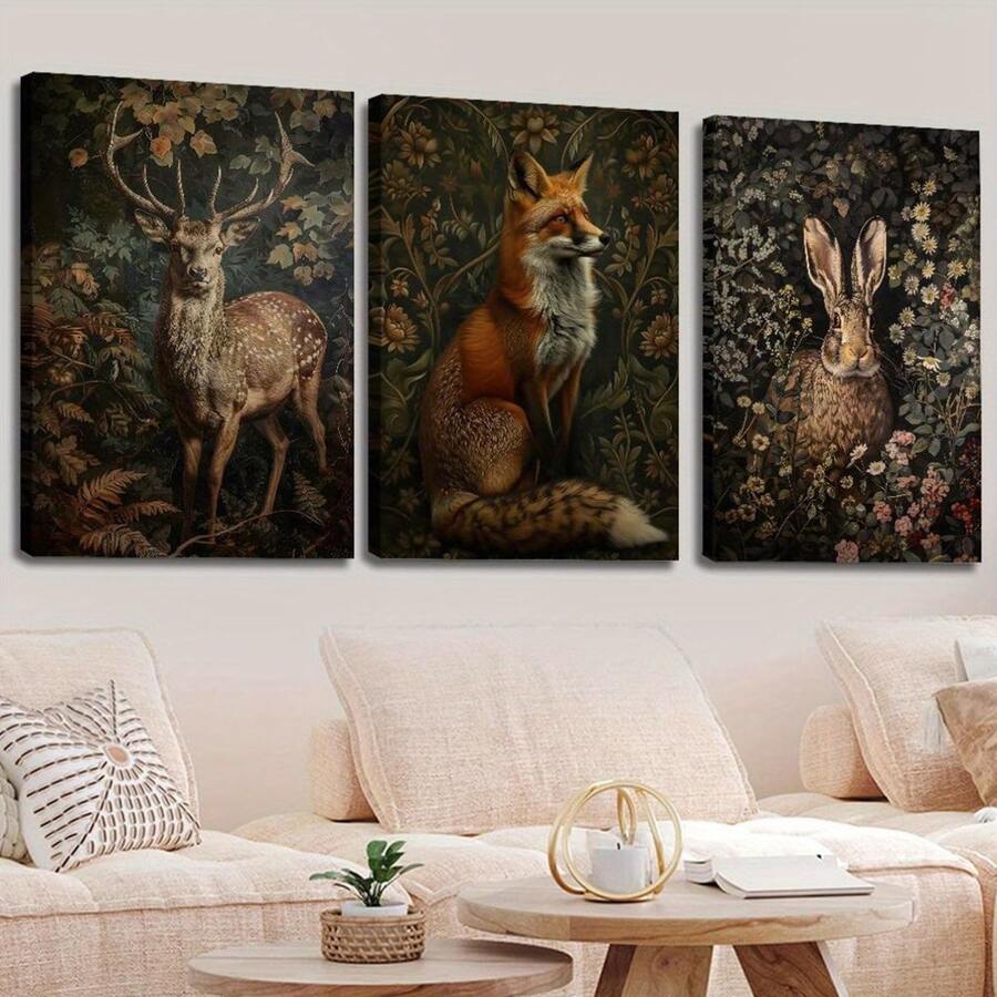 3件組無框畫布藝術畫 - 鄉村農舍風深色森林動物裝飾畫,包含狐狸、兔子與鹿及花卉背景 - 適合客廳、臥室或居家辦公室牆面裝飾,室內牆面藝術 | 花卉動物藝術 - 彩色 - 查看 1
