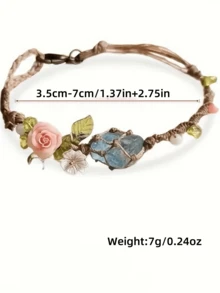 手工波西米亚风花卉手链 - 随机颜色珠子、天然宝石和四月生辰石，浅蓝色梦幻海洋主题装饰，点缀粉色玫瑰、白色雏菊和绿色叶子，适合日常佩戴、派对礼物、情人节礼物，尺寸略小 - 海藍寶吊墜手繩 - 查看 5