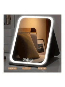 LED Makeup Mirror, Portable Foldable Vanity Mirror, 3-Color Lighting, Dimmable Touch Screen, Compact Cosmetic Mirror