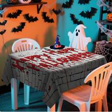 1/20pcs Halloween Tablecloth, Scary White Background With Red Halloween Lettering Pattern Tablecloth, Suitable For Scary Party Decorations, Kitchen And Dining Room, Halloween Decorations, Festive Table Setting