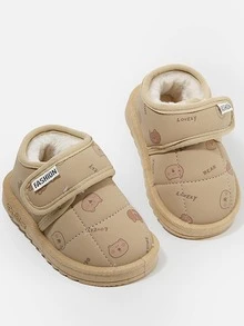 1 par de zapatos de invierno para niños con diseño de oso de dibujos animados, decorados con y peluche, de estilo plano y lindo, fáciles de poner y quitar, adecuados para otoño/invierno, para uso diario en interiores y exteriores, y para viajes cortos