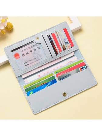 1 件 PU 皮革钱包，女士长款超薄学生钱包，卡夹，多槽折叠，大容量，简约时尚按扣钱包，适用于通勤、办公室、商务、学生银行卡存储等