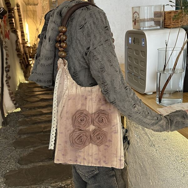 Vintage Chinese Retro Style Tie-Dye Floral Rose Shoulder Bag, Unique Pleated Underarm Tote, Handmade Design Handbag, Boho Commuter Purse, Artistic Large Capacity Top Handle Bag For Women, Elegant Retro Fashion, Statement Accessory For Daily, Work, Office, Travel, Shopping, Party, Gifts, Chic Y2K Oriental Inspired Bag With Beaded Strap