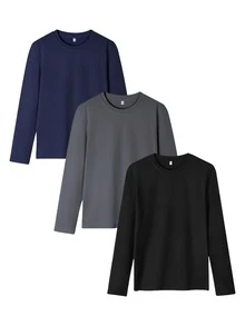 3pcs/Set Men's Basic Solid Color Round Neck Slim Fit Long Sleeve T-Shirts, Casual Everyday Wear, Suitable For Travel And Lightweight Daily Wear, Spring/Autumn - Multicolor - View 2