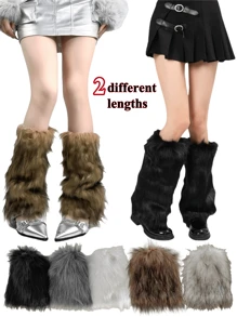 1双Y2K高筒仿毛皮腿套，棕灰色蓬松腿套，千禧年美学，舒适保暖