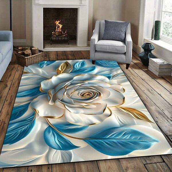 1pc 3D Rose Color Patterned Area Rug, Polyester Floor Mat, Large Area Rug For Porch/ Living Room/ Bedroom/ Patio/ Balcony, Home Decoration, Housewarming Gift, Outdoor Rug