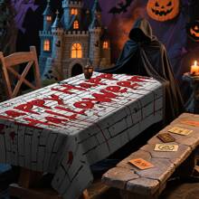 1/20pcs Halloween Tablecloth, Scary White Background With Red Halloween Lettering Pattern Tablecloth, Suitable For Scary Party Decorations, Kitchen And Dining Room, Halloween Decorations, Festive Table Setting