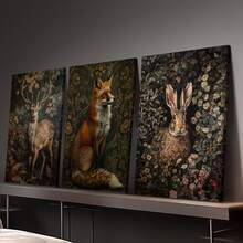 3 件无框帆布印刷套装 - 乡村农舍深色林地动物装饰，带有狐狸、兔子和鹿，花卉背景 - 非常适合客厅、卧室或家庭办公室墙壁艺术、室内墙壁艺术|花卉动物艺术 - 彩色 - 查看 7
