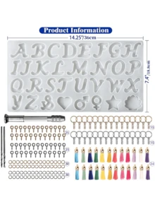 168 件正面字母树脂模具套件，包括用于制作钥匙扣的字母和装饰环氧树脂模具，配有 1 个手钻、2 个钻头和 164 个钥匙扣耗材 - 彩色 - 查看 2