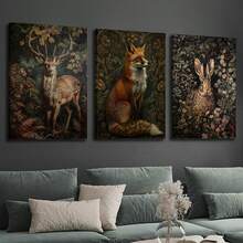 3 件无框帆布印刷套装 - 乡村农舍深色林地动物装饰，带有狐狸、兔子和鹿，花卉背景 - 非常适合客厅、卧室或家庭办公室墙壁艺术、室内墙壁艺术|花卉动物艺术 - 彩色 - 查看 5