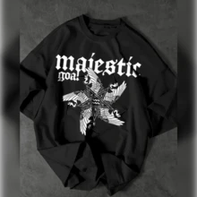 Camiseta Gráfica de Rua Masculina Majestic Goal - Letras em Destaque e Estampa de Pássaro, Ajuste Solto com Gola Redonda e Manga Curta, Camiseta Casual Respirável para o Verão, Lavável à Máquina, Camiseta Casual | Top Solto | Tecido Confortável - Preto - Visão 1