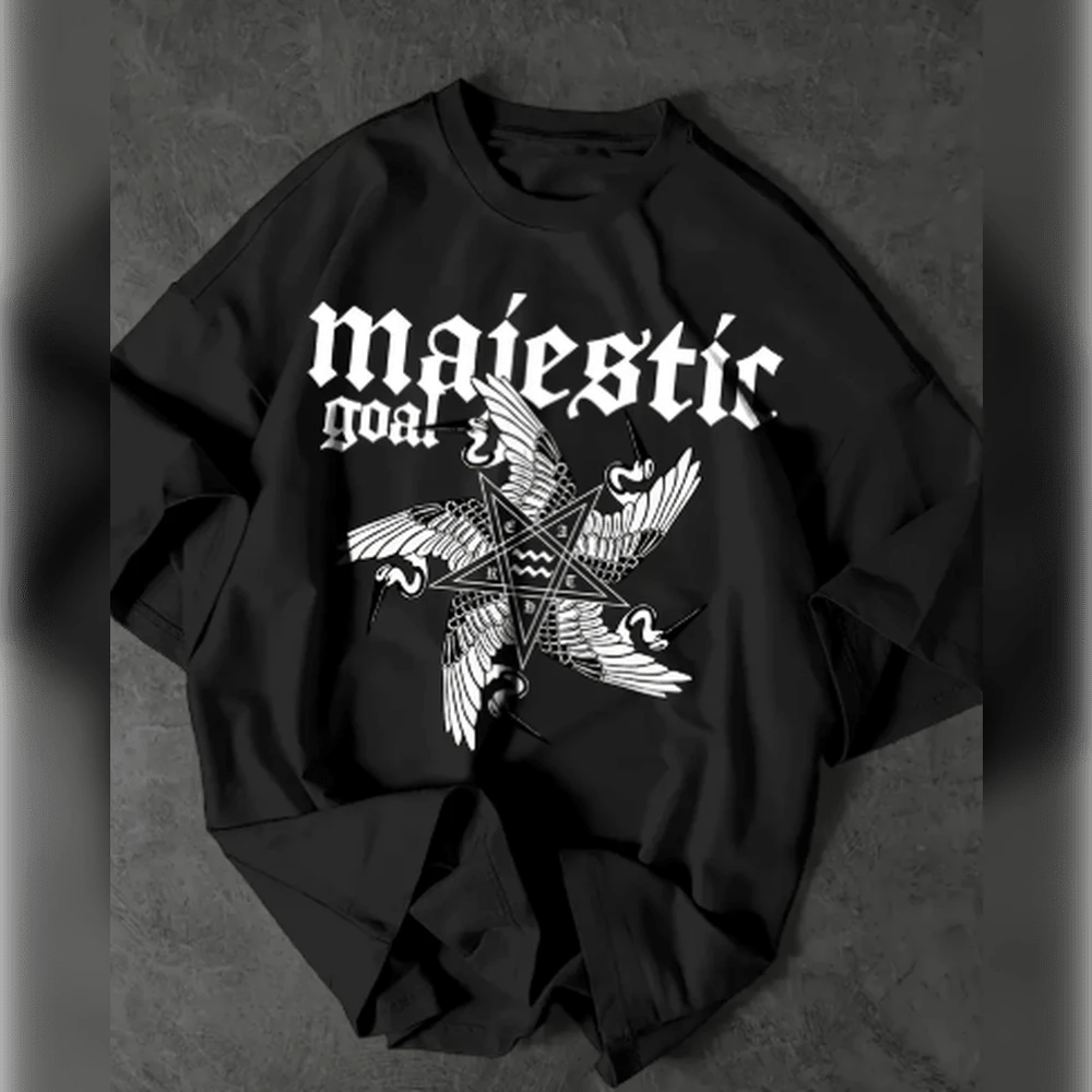 Camiseta Gráfica de Rua Masculina Majestic Goal - Letras em Destaque e Estampa de Pássaro, Ajuste Solto com Gola Redonda e Manga Curta, Camiseta Casual Respirável para o Verão, Lavável à Máquina, Camiseta Casual | Top Solto | Tecido Confortável - Preto - Visão 1