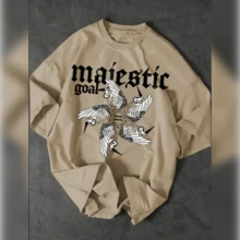 Majestic Goal Men's Street Graphic T-Shirt - Standout Letters And Bird Print, Loose Fit With Crew Neck And Short Sleeve, Breathable Summer Casual Tee, Machine Washable, Casual Tee | Loose Top | Comfortable Fabric - 米色 - 查看 1