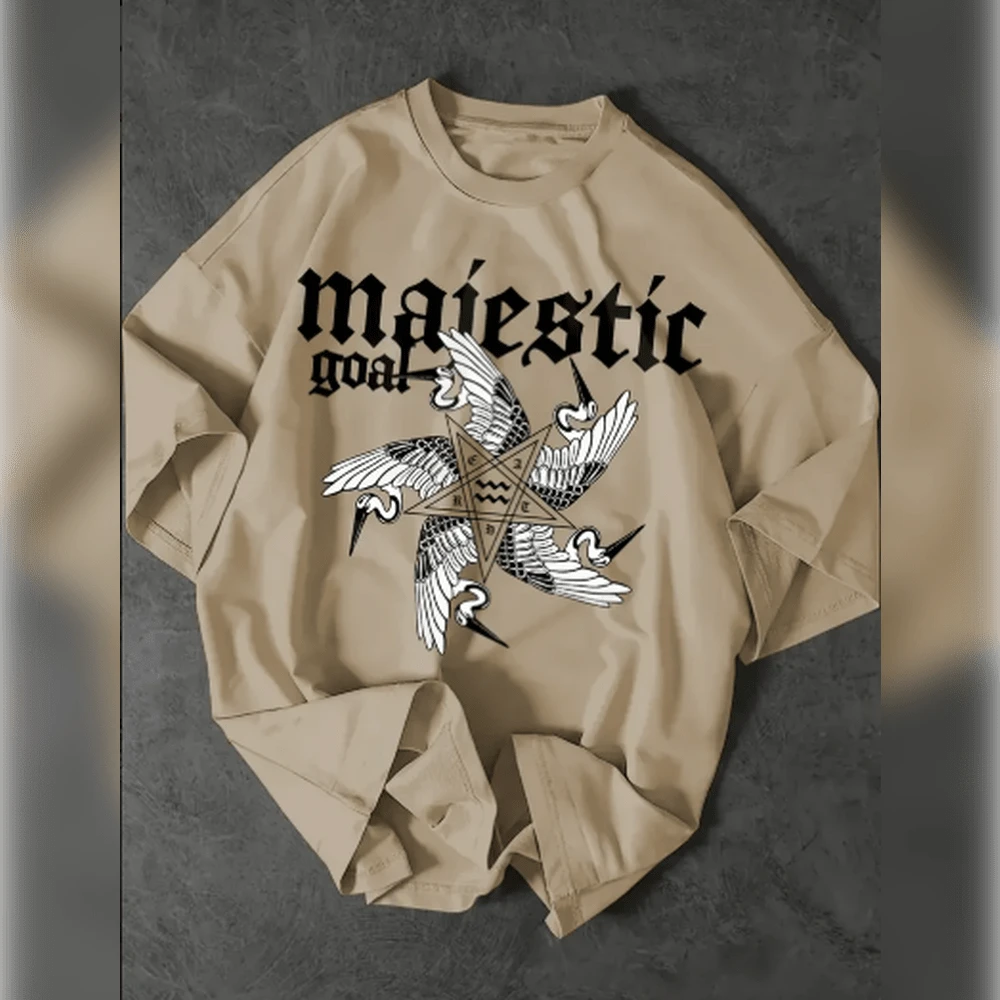Majestic Goal Men's Street Graphic T-Shirt - Standout Letters And Bird Print, Loose Fit With Crew Neck And Short Sleeve, Breathable Summer Casual Tee, Machine Washable, Casual Tee | Loose Top | Comfortable Fabric - 米色 - 查看 1