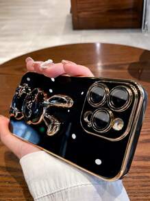 奢华电镀黑色手机壳，带可爱笑脸兔子支架，夏季新款时尚硅胶防震保护软壳，适用于 16 16e 15 14 13 12 11 X XS XR 8 7 Plus Pro Max Mini、Samgsung Galaxy S24 S25 Ultra，兼容小米 Redmi，兼容华为 Honor OPPO Reno MOTO Infinix 男/女款 2025 Y2k 风格防水防摔防刮 - 黑色 - 查看 6