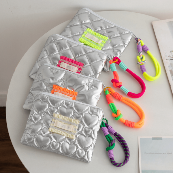 Mini Cute Clutch Coin Purse, Fashionable Silver Rhombus Embroidery, Bright Neon Color Wrist Strap, Ideal For Cosmetic Bag