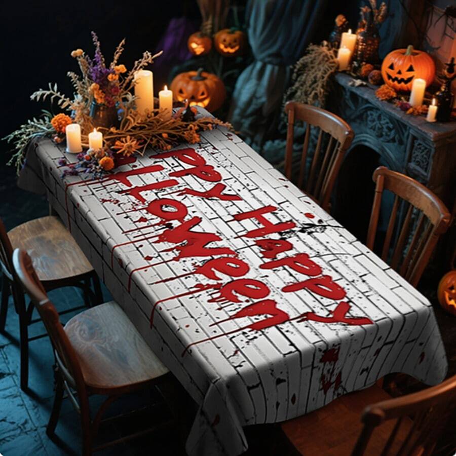 1/20pcs Halloween Tablecloth, Scary White Background With Red Halloween Lettering Pattern Tablecloth, Suitable For Scary Party Decorations, Kitchen And Dining Room, Halloween Decorations, Festive Table Setting