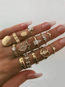15/16/30件复古风格人像硬币、十字架、心形、猫头鹰设计戒指套装。适合夏季、海滩、派对、婚礼、日常佩戴、节日、情人节、母亲节等场合，也是馈赠佳品。 - 金色 - 查看 5
