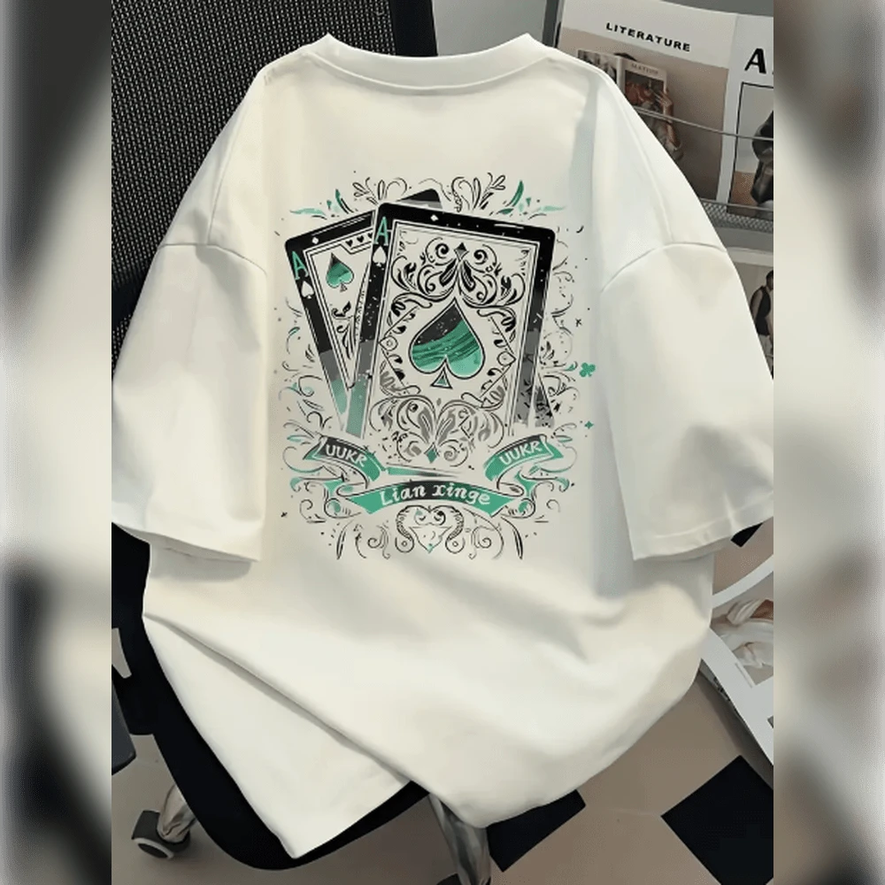 New Brand  American Style Summer Casual Sports T-Shirt In Sturdy Pure Cotton With Round Neck And Short Sleeves, High Street Design, Unique And Sophisticated Printing, Cool And Stylish Casual Fashion, Versatile Half-Sleeve Sports Top For Couples - 白色 - 查看 1