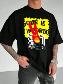 Camiseta con estampado de dibujos animados para hombre, informal, de primavera y verano, de manga corta y cuello redondo, 100 % algodón, 220 g - Negro - Ver 1