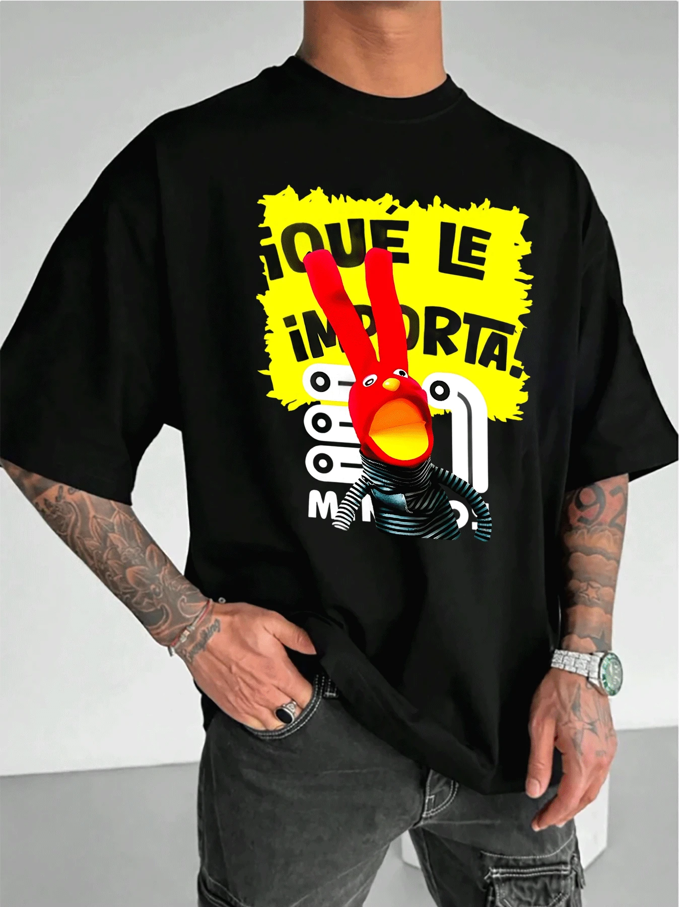 Camiseta con estampado de dibujos animados para hombre, informal, de primavera y verano, de manga corta y cuello redondo, 100 % algodón, 220 g - Negro - Ver 1