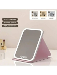 LED Makeup Mirror, Portable Foldable Vanity Mirror, 3-Color Lighting, Dimmable Touch Screen, Compact Cosmetic Mirror