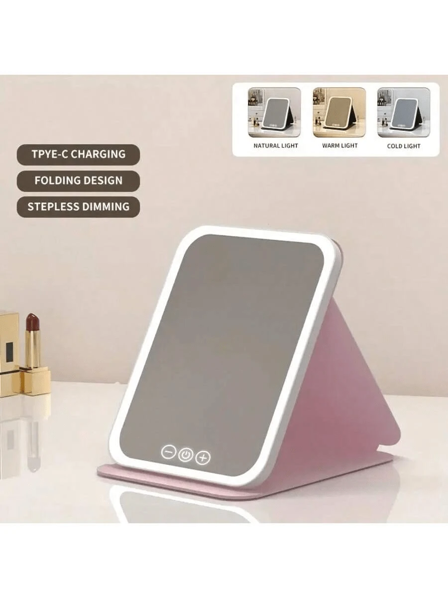 LED Makeup Mirror, Portable Foldable Vanity Mirror, 3-Color Lighting, Dimmable Touch Screen, Compact Cosmetic Mirror