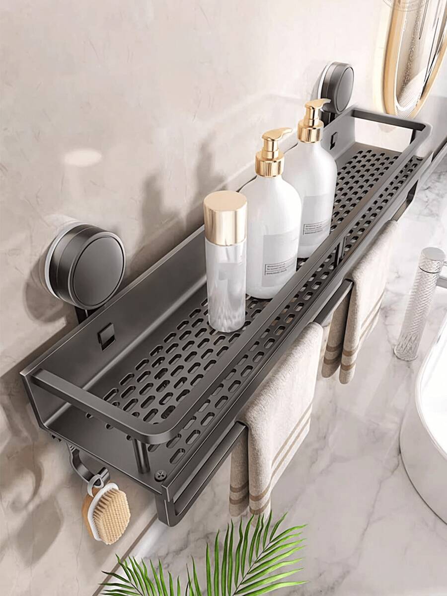 1 pieza Estantería organizadora de baño sin perforación con ventosas, estante de almacenamiento montado en la pared a prueba de óxido con ganchos y toallero, estantería de almacenamiento de baño ahorradora de espacio para guardar champú, jabón y accesorios de baño - Multicolor - Ver 1