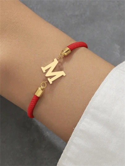 1 Fashionable And Creative Double-Ear Stainless Steel A-Z Letter Bracelet, 26 English Letters In Red, Adjustable In Size, Girls Can Wear The First Letter Name Bracelet For Daily Use