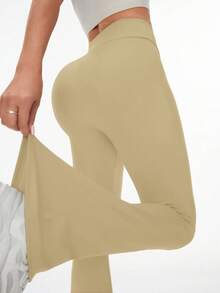 1 pieza de Pantalones casuales tipo leggings de cintura alta, pantalones deportivos de verano de pierna ancha para yoga, running y entrenamiento, con pernera acampanada, cintura elástica y elásticos, pantalones de trabajo elásticos - Caqui - Ver 5