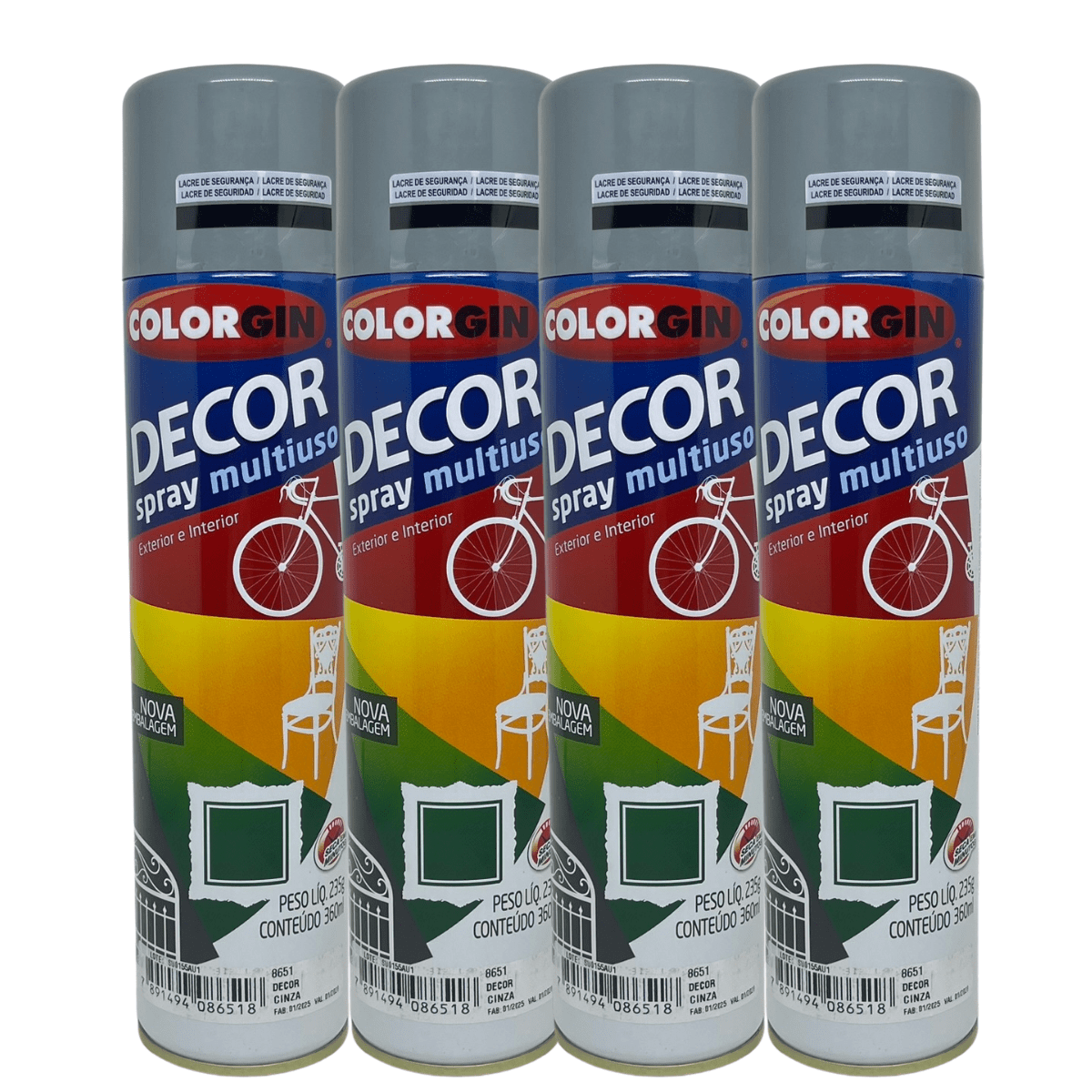 Kit 4 Tinta Spray Cinza Decor 360ml Colorgin Cores Variadas Pintura Artesanato Madeira Metal Automotiva Secagem Rápida Durável