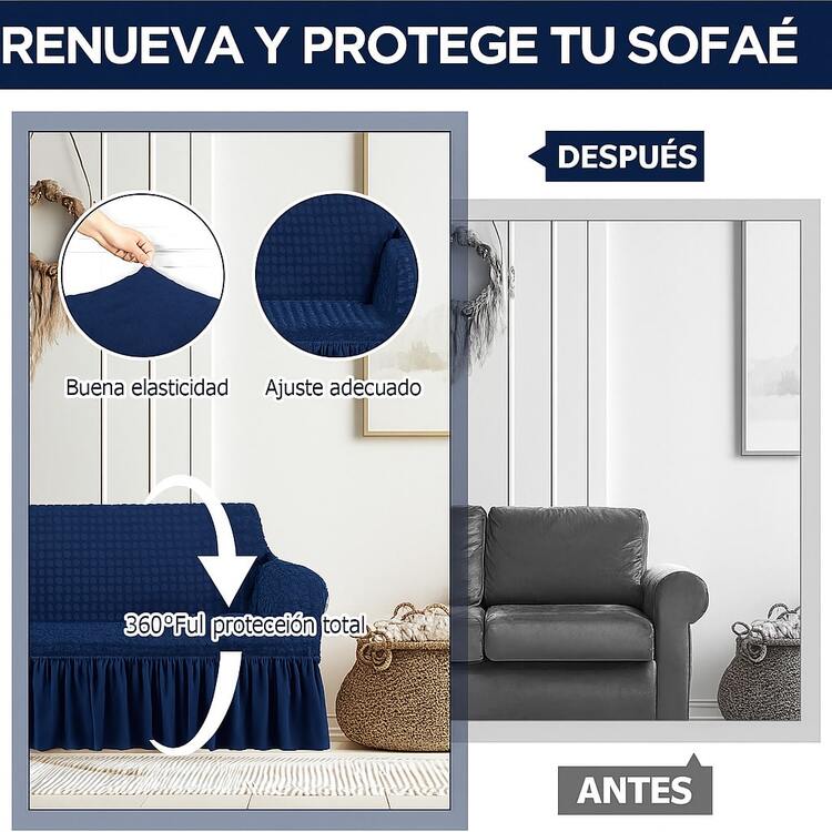 3 Pieza Funda Cubre Sala con Falda Tipo Plumeti Funda de Sofá Lavable Elástica Fácil de Instalar Fundas para Sillones Sala  (1 plaza, 2 plazas, 3 plazas) Decoración Sala Azul Marino - Azul Marino - Añade 5