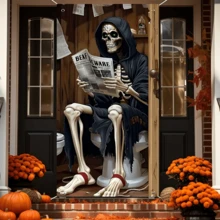 1 pièce Bannière de fond avec crâne 2D plat et motif journal, convient pour la décoration de fête d'Halloween, de jardin, de maison, de studio photo, d'anniversaire, de chambre, de cour, en tissu de polyester