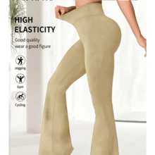 1 pieza de Pantalones casuales tipo leggings de cintura alta, pantalones deportivos de verano de pierna ancha para yoga, running y entrenamiento, con pernera acampanada, cintura elástica y elásticos, pantalones de trabajo elásticos - Caqui - Ver 2