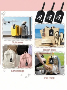 个性化皮革行李牌，可定制A-Z字母，隐私保护套，带名片槽，可爱旅行背包标签，男女通用，适用于宠物包、背包、行李箱、文具包等，旅行必备，适合海滩度假、返校季，是送给家人、朋友和老师的理想礼物，字母印花 - 黑色 - 查看 9