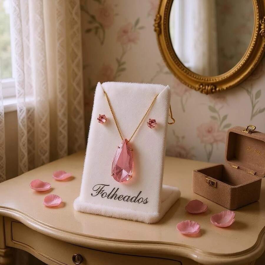 Necklace + Earring Kit Large Pink Elegant Women's Plated - Rose - View 1