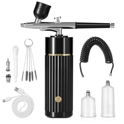带压缩机的喷枪套件，便携式自动手持喷枪，0.35 毫米笔尖，34Psi 气压，可充电压缩机，用于绘画、纹身、模型着色和蛋糕装饰