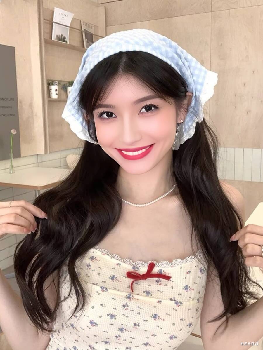 Ulubiona chusta koreańskich dziewcząt ~ Niebieska chusta na głowę na letnie wyjścia, wakacje na plaży, na wieś, trójkątne nakrycie głowy