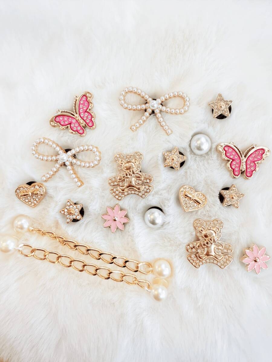 18 sztuk eleganckich klipsów do butów z perełkami, kokardką i kryształkami, ABS, różowa kokardka z kryształkami, dekoracja DIY, wielofunkcyjne akcesoria do sandałów damskich, kapci, toreb plażowych, świetny prezent na Dzień Matki i świąteczne przyjęcia urodzinowe