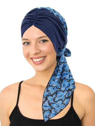 1pc Women Pre-Tied Turban Cap Muslim Hijab Cancer Chemo Flower Print Hat Cover Hair Loss Head Scarf Wrap Strech Bandana For Abayas Muslim Women