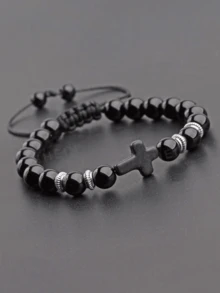 1pc Men's Beaded Cross Bracelet, Casual & Versatile Accessory - Black - View 1