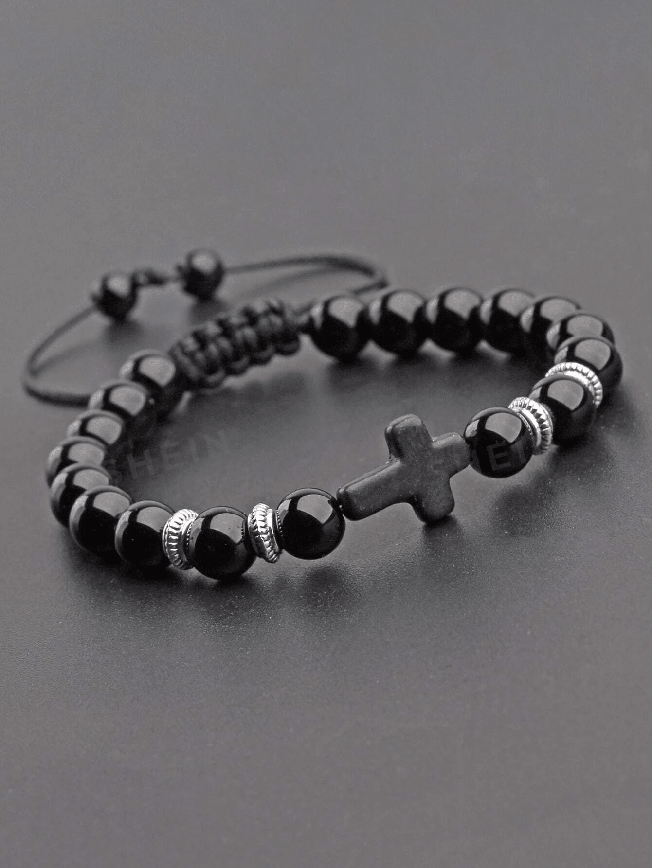 1pc Men's Beaded Cross Bracelet, Casual & Versatile Accessory - Black - View 1