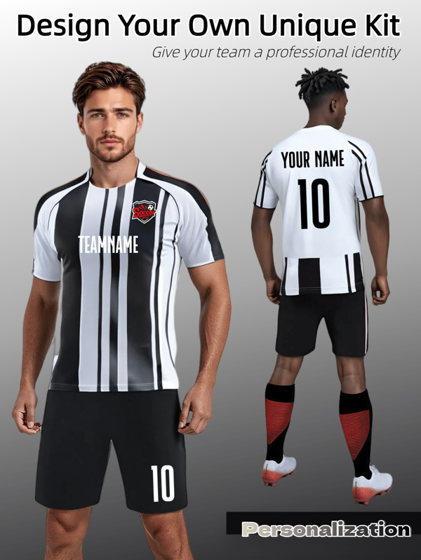 Men's Custom Juventus Soccer Jersey Set With Black And White Stripe Pattern - Short Sleeve Athletic Uniform, Personalized Name And Number & Logo Print Option, Breathable Quick-Drying Fabric For Soccer Matches And Practice, Classic Two Pieces Sports Outfit