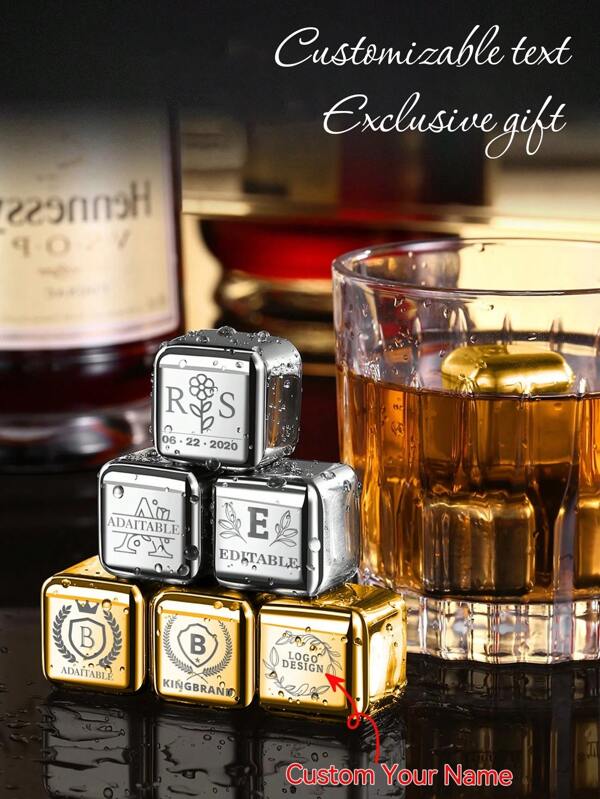 Cubetti di ghiaccio in acciaio inossidabile personalizzati, pietre di ghiaccio in metallo riutilizzabili per raffreddare rapidamente vino, whisky, cocktail, birra, set regalo di accessori bar, set di pietre per whisky incise, regalo per lui, essenziale per il bar di casa, pietre per bevande, regalo per gli amanti dell'alcol