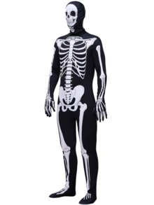 Joyfy Men's Halloween Skeleton Costume - Men's Spooky Bodysuit For Halloween Party Dressing Skeleton Bodysuit - 黑與白 - 查看 5