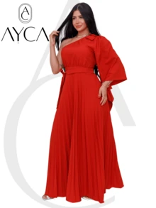 Mulamanca Long Dress With Pleated One-Shoulder With Padded Bra And Bow On Shoulder And Waist - 亮橙色 - 查看 3